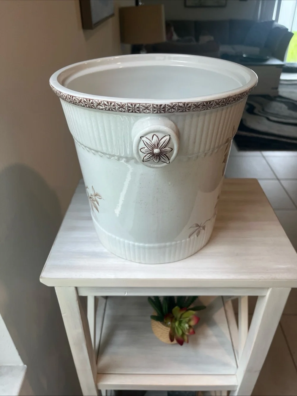 Vintage Johnson Brothers White Ceramic Slop Jar with Brown Floral Motif